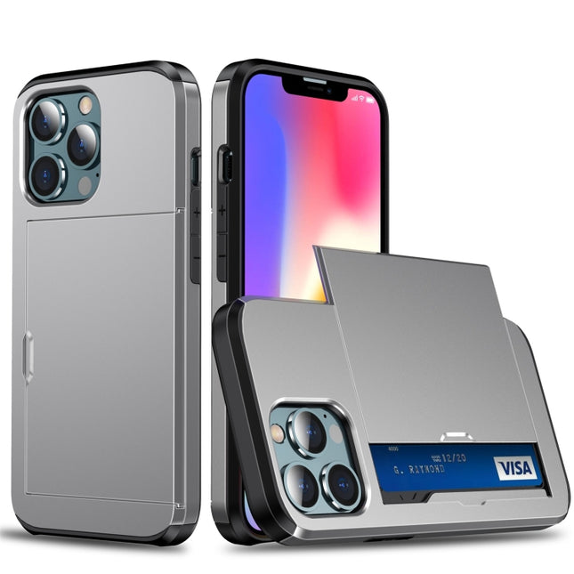 Shockproof Armor Protective Case with Slide Card Slot For iPhone 13(Grey)-garmade.com