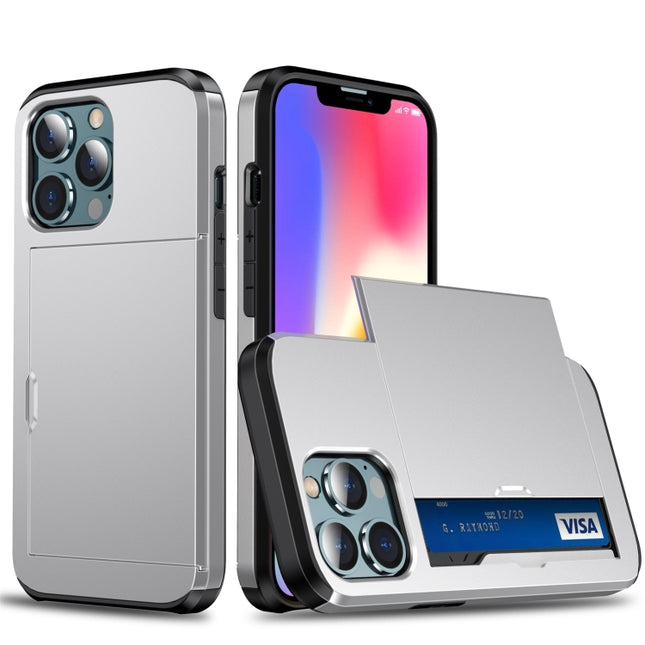 Shockproof Armor Protective Case with Slide Card Slot For iPhone 13 Pro(Silver)-garmade.com