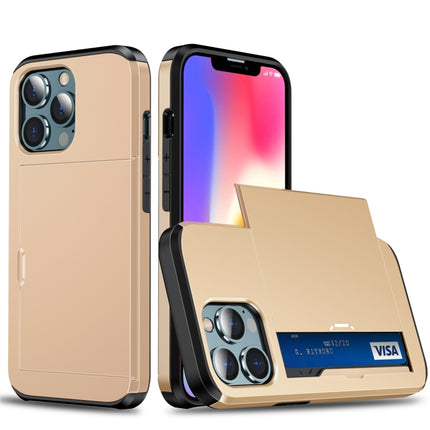 Shockproof Armor Protective Case with Slide Card Slot For iPhone 13 Pro(Gold)-garmade.com