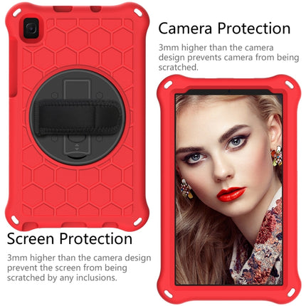 For Samsung Galaxy Tab A7 Lite 8.7 2021 T220 / T225 360 Degree Rotation Honeycomb Shockproof Silicone PC Protective Case with Holder & Shoulder Strap & Hand Strap(Red Black)-garmade.com