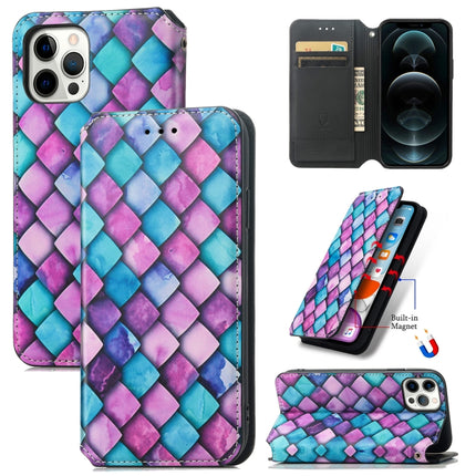 Colored Drawing Magnetic Horizontal Flip PU Leather Case with Holder & Card Slots & Wallet For iPhone 13(Purple Scales)-garmade.com