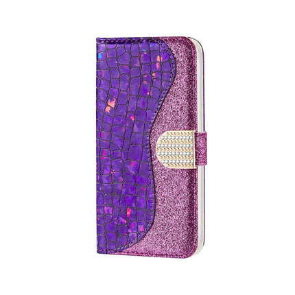 Laser Glitter Powder Matching Crocodile Texture Horizontal Flip Leather Case with Card Slots & Holder & Wallet For iPhone 13(Purple)-garmade.com