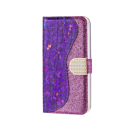 Laser Glitter Powder Matching Crocodile Texture Horizontal Flip Leather Case with Card Slots & Holder & Wallet For iPhone 13 mini(Purple)-garmade.com