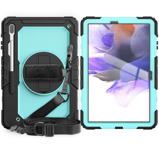 For Samsung Galaxy Tab S7 FE 12.4 inch 2021 SM-T730 / SM-T736B Shockproof Colorful Silicone + PC Protective Case with Holder & Shoulder Strap & Hand Strap & Pen Slot(Sky Blue PC+Black)-garmade.com