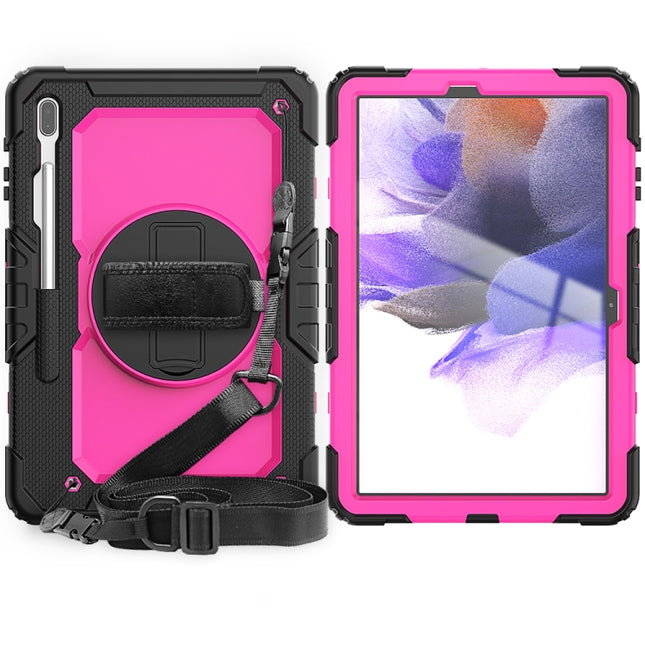 For Samsung Galaxy Tab S7 FE 12.4 inch 2021 SM-T730 / SM-T736B Shockproof Colorful Silicone + PC Protective Case with Holder & Shoulder Strap & Hand Strap & Pen Slot(Rose PC+Black)-garmade.com