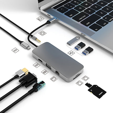 Basix BL10V 10 in 1 USB-C / Type-C to RJ45 + VGA + HDMI + 3.5mm AUX + SD / TF Card Slot + PD USB-C / Type-C + USB 3.0 + 2 USB 2.0 Ports Docking Station HUB-garmade.com