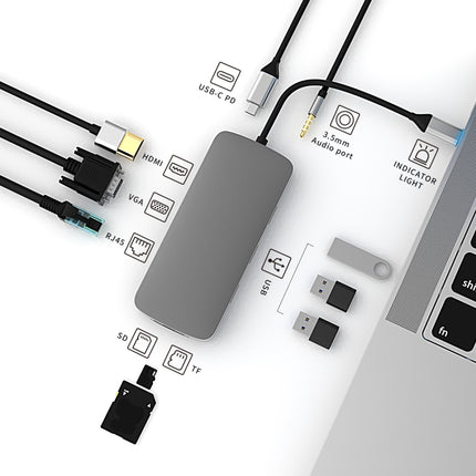 Basix BL10V 10 in 1 USB-C / Type-C to RJ45 + VGA + HDMI + 3.5mm AUX + SD / TF Card Slot + PD USB-C / Type-C + USB 3.0 + 2 USB 2.0 Ports Docking Station HUB-garmade.com