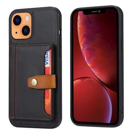 Calfskin Color Matching Shockproof TPU + PU Case with Holder & Card Slot For iPhone 13(Black)-garmade.com