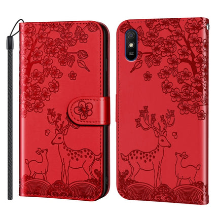 For Xiaomi Redmi 9A Sika Deer Embossing Pattern Horizontal Flip PU Leather Case with Holder & Card Slot & Wallet & Photo Frame(Red)-garmade.com