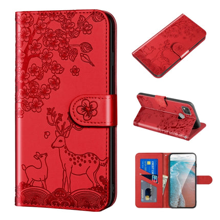For Xiaomi Redmi 9C Sika Deer Embossing Pattern Horizontal Flip PU Leather Case with Holder & Card Slot & Wallet & Photo Frame(Red)-garmade.com