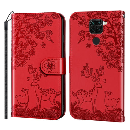 For Xiaomi Redmi Note 9 Sika Deer Embossing Pattern Horizontal Flip PU Leather Case with Holder & Card Slot & Wallet & Photo Frame(Red)-garmade.com