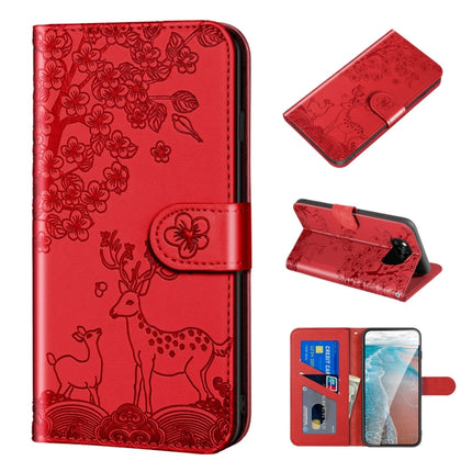 For Xiaomi Poco X3 Sika Deer Embossing Pattern Horizontal Flip PU Leather Case with Holder & Card Slot & Wallet & Photo Frame(Red)-garmade.com