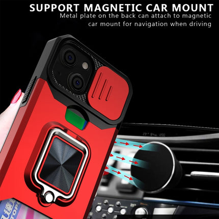 Sliding Camera Cover Design PC + TPU Shockproof Case with Ring Holder & Card Slot For iPhone 13 mini(Red)-garmade.com