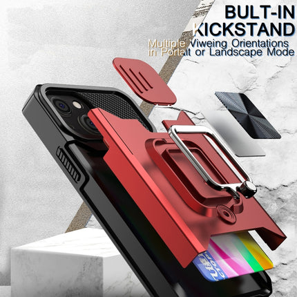 Sliding Camera Cover Design PC + TPU Shockproof Case with Ring Holder & Card Slot For iPhone 13 mini(Red)-garmade.com