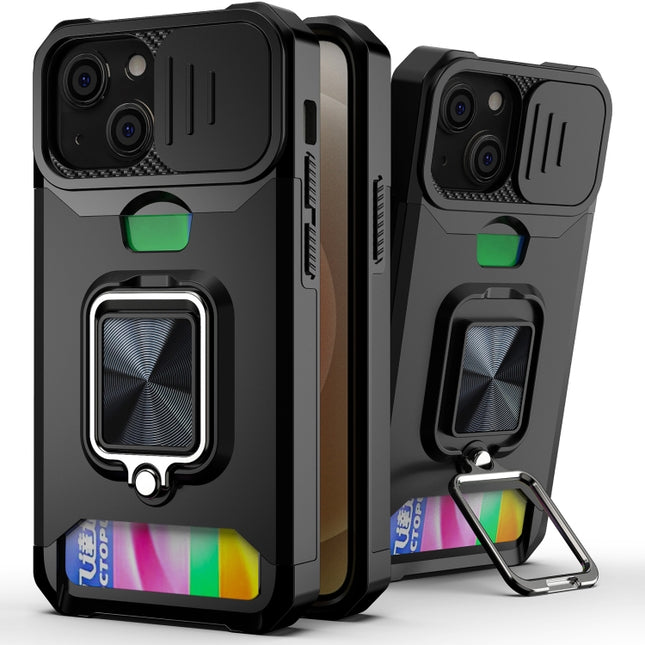 Sliding Camera Cover Design PC + TPU Shockproof Case with Ring Holder & Card Slot For iPhone 13 mini(Black)-garmade.com