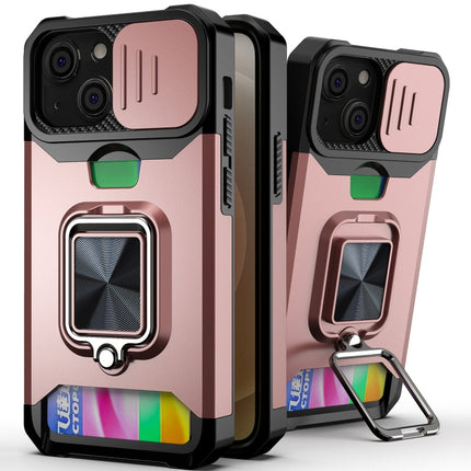 Sliding Camera Cover Design PC + TPU Shockproof Case with Ring Holder & Card Slot For iPhone 13 mini(Rose Gold)-garmade.com