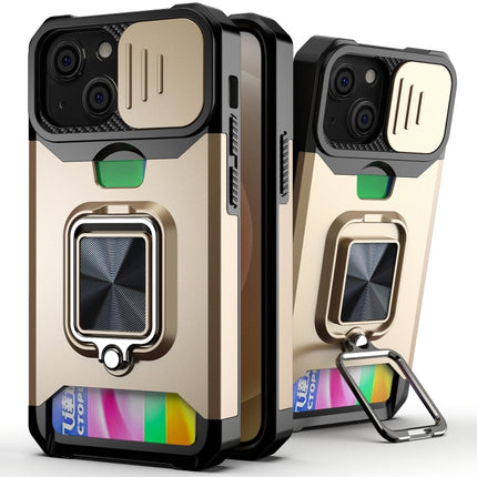 Sliding Camera Cover Design PC + TPU Shockproof Case with Ring Holder & Card Slot For iPhone 13 mini(Gold)-garmade.com