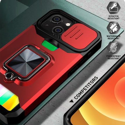 Sliding Camera Cover Design PC + TPU Shockproof Case with Ring Holder & Card Slot For iPhone 13(Black)-garmade.com