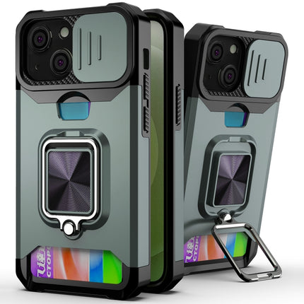 Sliding Camera Cover Design PC + TPU Shockproof Case with Ring Holder & Card Slot For iPhone 13(Dark Green)-garmade.com