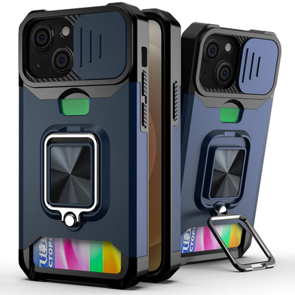 Sliding Camera Cover Design PC + TPU Shockproof Case with Ring Holder & Card Slot For iPhone 13(Blue)-garmade.com
