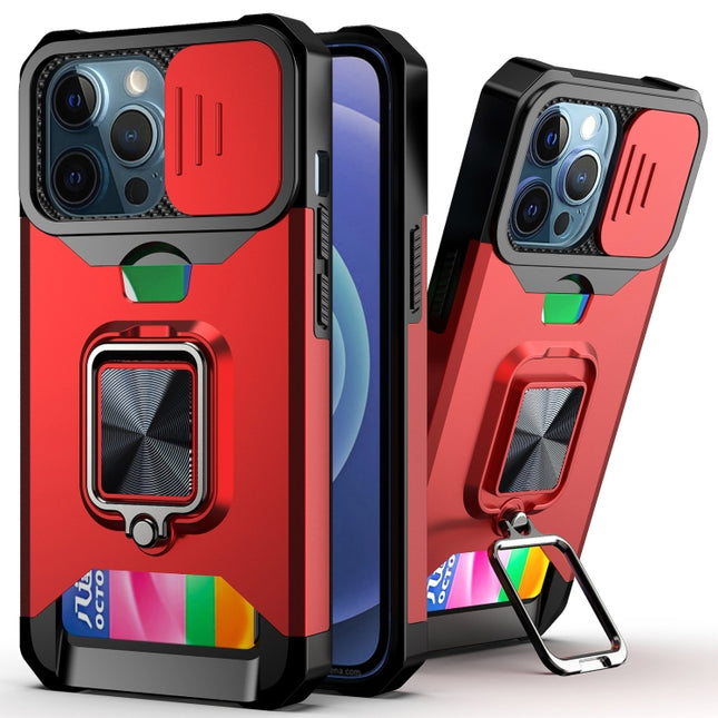 Sliding Camera Cover Design PC + TPU Shockproof Case with Ring Holder & Card Slot For iPhone 13 Pro(Red)-garmade.com