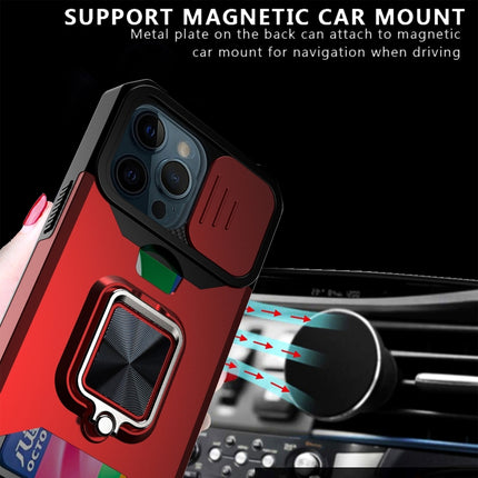 Sliding Camera Cover Design PC + TPU Shockproof Case with Ring Holder & Card Slot For iPhone 13 Pro(Red)-garmade.com