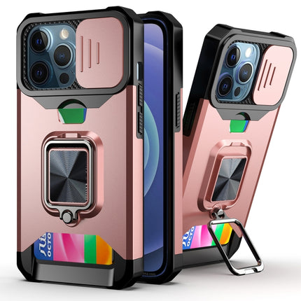 Sliding Camera Cover Design PC + TPU Shockproof Case with Ring Holder & Card Slot For iPhone 13 Pro(Rose Gold)-garmade.com