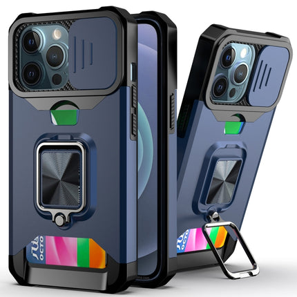 Sliding Camera Cover Design PC + TPU Shockproof Case with Ring Holder & Card Slot For iPhone 13 Pro(Blue)-garmade.com