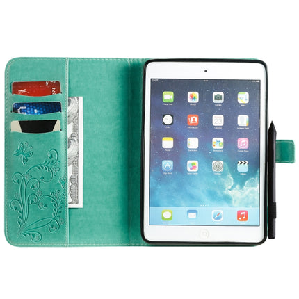 For iPad Mini 2019 & 4 & 3 & 2 & 1 Pressed Printing Butterfly Pattern Horizontal Flip PU Leather Case with Holder & Card Slots & Wallet & Pen Slot(Green)-garmade.com
