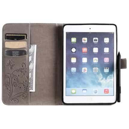 For iPad Mini 2019 & 4 & 3 & 2 & 1 Pressed Printing Butterfly Pattern Horizontal Flip PU Leather Case with Holder & Card Slots & Wallet & Pen Slot(Grey)-garmade.com