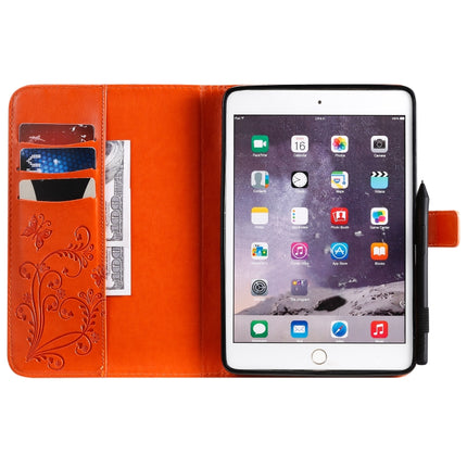 For iPad Mini 2019 & 4 & 3 & 2 & 1 Pressed Printing Butterfly Pattern Horizontal Flip PU Leather Case with Holder & Card Slots & Wallet & Pen Slot(Orange)-garmade.com