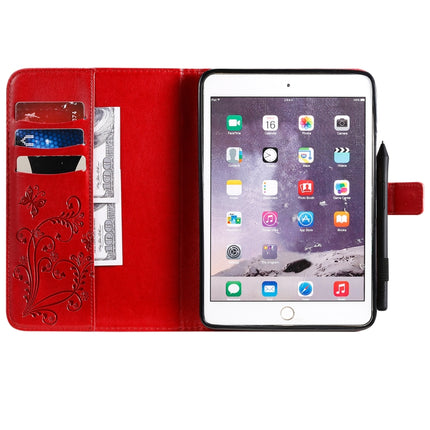 For iPad Mini 2019 & 4 & 3 & 2 & 1 Pressed Printing Butterfly Pattern Horizontal Flip PU Leather Case with Holder & Card Slots & Wallet & Pen Slot(Red)-garmade.com