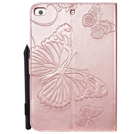 For iPad Mini 2019 & 4 & 3 & 2 & 1 Pressed Printing Butterfly Pattern Horizontal Flip PU Leather Case with Holder & Card Slots & Wallet & Pen Slot(Rose Gold)-garmade.com