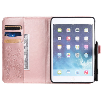For iPad Mini 2019 & 4 & 3 & 2 & 1 Pressed Printing Butterfly Pattern Horizontal Flip PU Leather Case with Holder & Card Slots & Wallet & Pen Slot(Rose Gold)-garmade.com
