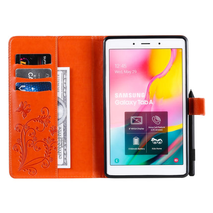 For Galaxy Tab A 8.0 (2019) Pressed Printing Butterfly Pattern Horizontal Flip PU Leather Case with Holder & Card Slots & Wallet & Pen Slot(Orange)-garmade.com