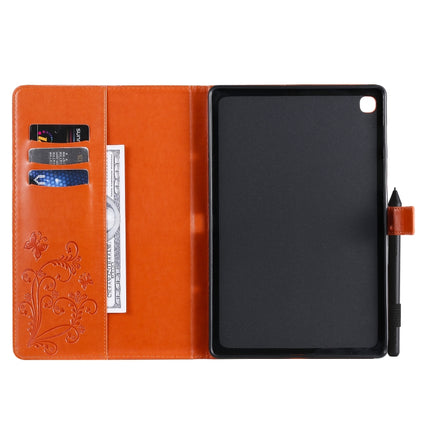 For Galaxy Tab S5e Pressed Printing Butterfly Pattern Horizontal Flip PU Leather Case with Holder & Card Slots & Wallet & Pen Slot(Orange)-garmade.com
