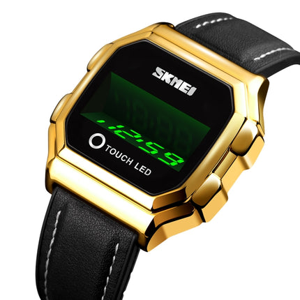 SKMEI 1650 Leather Strap Version LED Digital Display Electronic Watch with Touch Luminous Button(Gold)-garmade.com