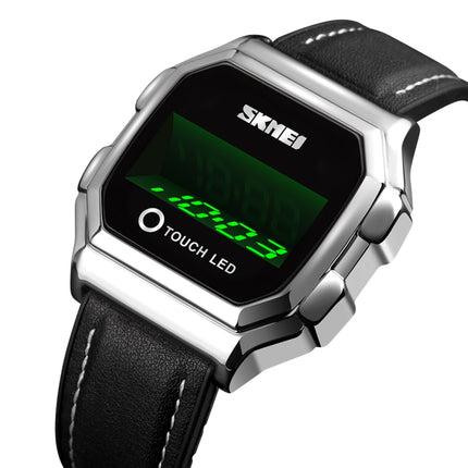 SKMEI 1650 Leather Strap Version LED Digital Display Electronic Watch with Touch Luminous Button(Silver)-garmade.com