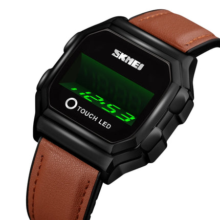 SKMEI 1650 Leather Strap Version LED Digital Display Electronic Watch with Touch Luminous Button(Black Shell Brown Belt)-garmade.com