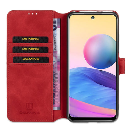 For Xiaomi Redmi Note 10 5G DG.MING Retro Oil Side Horizontal Flip Leather Case with Holder & Card Slots & Wallet(Red)-garmade.com