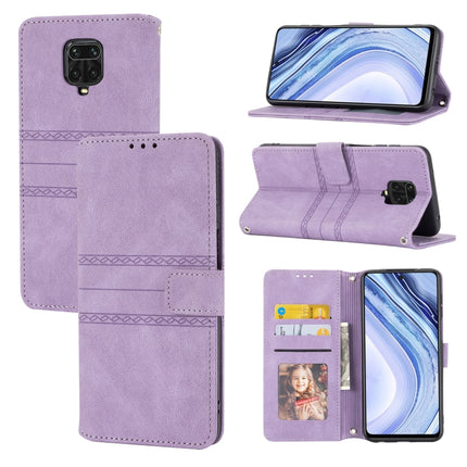 For Xiaomi Redmi Note 9 Pro Max Embossed Striped Magnetic Buckle PU + TPU Horizontal Flip Leather Case with Holder & Card Slot & Wallet & Photo Frame & Sling(Purple)-garmade.com