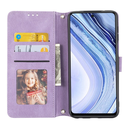 For Xiaomi Redmi Note 9 Pro Max Embossed Striped Magnetic Buckle PU + TPU Horizontal Flip Leather Case with Holder & Card Slot & Wallet & Photo Frame & Sling(Purple)-garmade.com