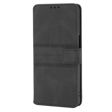 For Xiaomi Redmi Note 9 Pro Max Embossed Striped Magnetic Buckle PU + TPU Horizontal Flip Leather Case with Holder & Card Slot & Wallet & Photo Frame & Sling(Black)-garmade.com