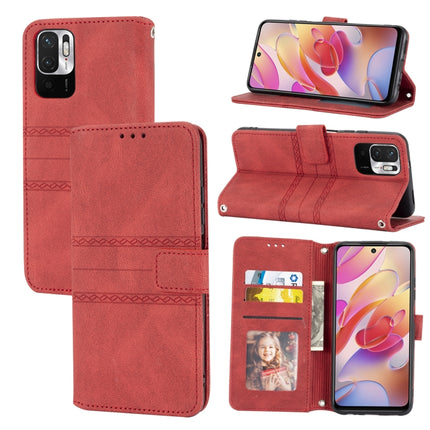 For Xiaomi Redmi Note 10 Embossed Striped Magnetic Buckle PU + TPU Horizontal Flip Leather Case with Holder & Card Slot & Wallet & Photo Frame & Sling(Red)-garmade.com