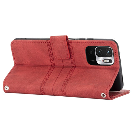 For Xiaomi Redmi Note 10 Embossed Striped Magnetic Buckle PU + TPU Horizontal Flip Leather Case with Holder & Card Slot & Wallet & Photo Frame & Sling(Red)-garmade.com