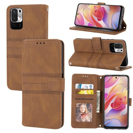For Xiaomi Redmi Note 10 Embossed Striped Magnetic Buckle PU + TPU Horizontal Flip Leather Case with Holder & Card Slot & Wallet & Photo Frame & Sling(Brown)-garmade.com
