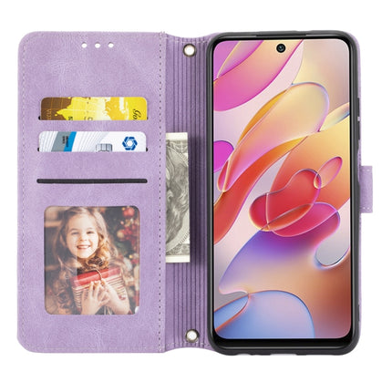 For Xiaomi Redmi Note 10 Embossed Striped Magnetic Buckle PU + TPU Horizontal Flip Leather Case with Holder & Card Slot & Wallet & Photo Frame & Sling(Purple)-garmade.com