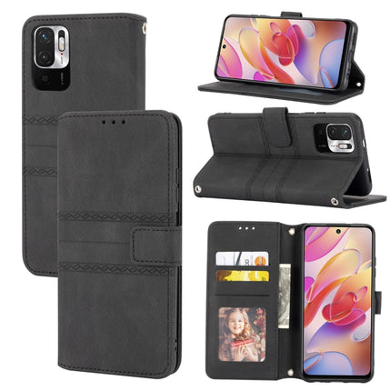 For Xiaomi Redmi Note 10 Embossed Striped Magnetic Buckle PU + TPU Horizontal Flip Leather Case with Holder & Card Slot & Wallet & Photo Frame & Sling(Black)-garmade.com
