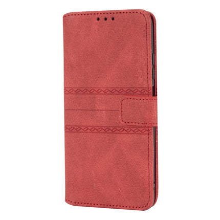 For Xiaomi Redmi Note 10 5G Embossed Striped Magnetic Buckle PU + TPU Horizontal Flip Leather Case with Holder & Card Slot & Wallet & Photo Frame & Sling(Red)-garmade.com