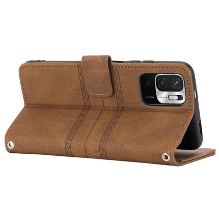 For Xiaomi Redmi Note 10 5G Embossed Striped Magnetic Buckle PU + TPU Horizontal Flip Leather Case with Holder & Card Slot & Wallet & Photo Frame & Sling(Brown)-garmade.com